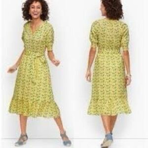 Talbots Women's XS Belted Prairie Dress Pastel Yellow Microfloral Cottagecore
